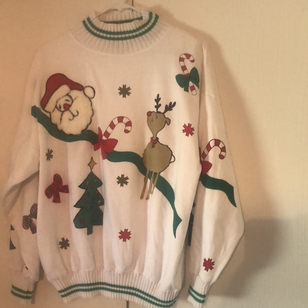 VTG fall stand collar Y2k artsy Christmas Santa Reindeer ribbed sweater